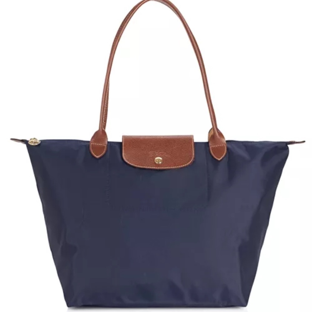 Longchamp Navy Tote Bag with Brown Handles